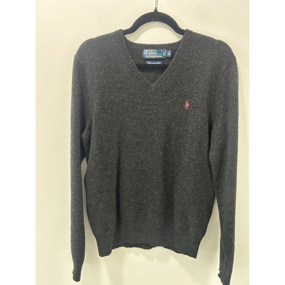 Polo Ralph Lauren Mens Charcoal Grey 100% Lambswool V-Neck Sweater Size M